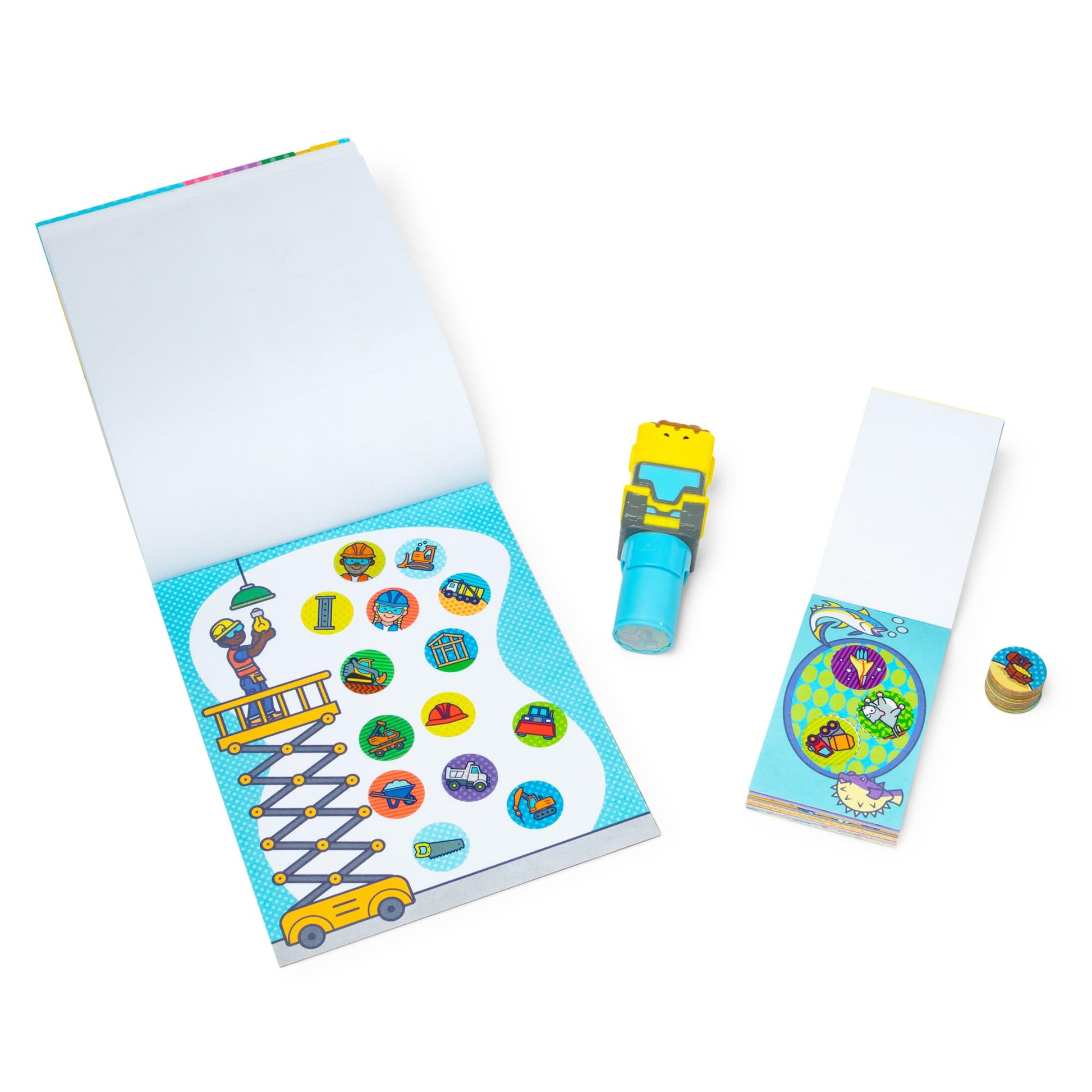 Melissa & Doug Sticker Wow!™ Bulldozer Bundle: 24-Page Activity Book, Refillable Sticker Stamper, Mini Pad, 500 Stickers, Arts and Crafts for Kids