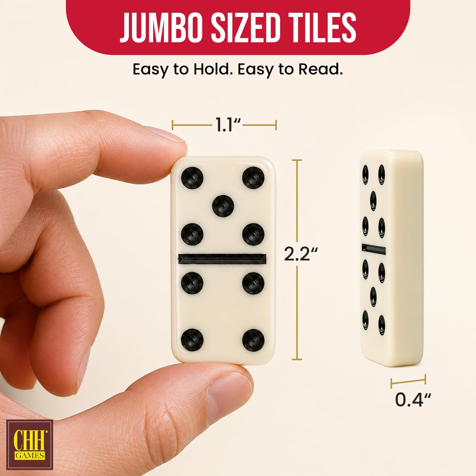 CHH Black/Cream Color Double 6 Jumbo Size Domino Tiles - Premium Set of 28 Ivory Dominoes - Classic Family Game in Cardboard Box