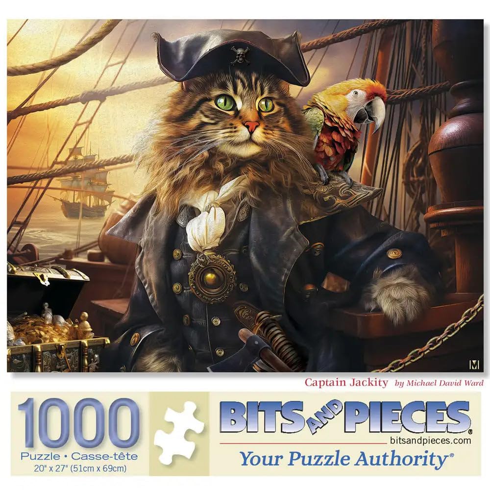 Bits and Pieces 1000 Piece Puzzles for Adults - Large 20" x 27" Jigsaw Puzzles 1000 Pieces Pirate Cat, Random Die Cut, No 2 Pieces Alike, Captian