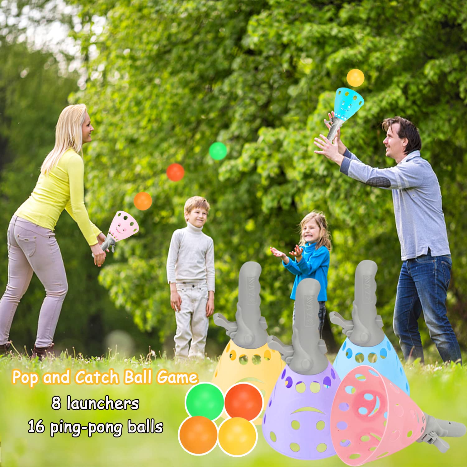 24Pcs Pop-Pass-Catch Ball Game with 8 Catch Launcher Baskets 16 Balls,Outdoor Indoor Game Activities,Lawn Games Beach Sport Toys for Party Favor,Kids