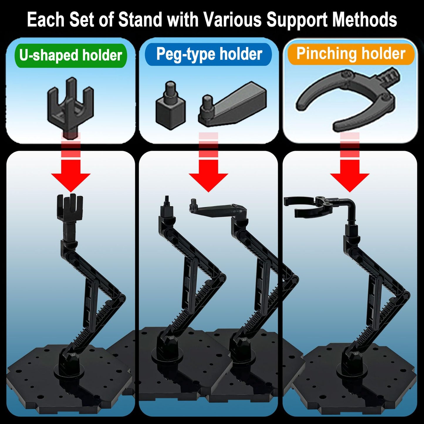 TWKUPWO Hobby Model Action Base Display Stand, Gundam Model Stand Action Figure Stand Compatible with MG RG HG Universal Models Stand (3sets Black)