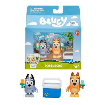 Bluey Let's Play Chef 2-Pack Toy Figure Playset, Ice Blocks Bingo and Socks Toddler Figurine Toys Set, Poseable Figurines for Kids Ages 3-5