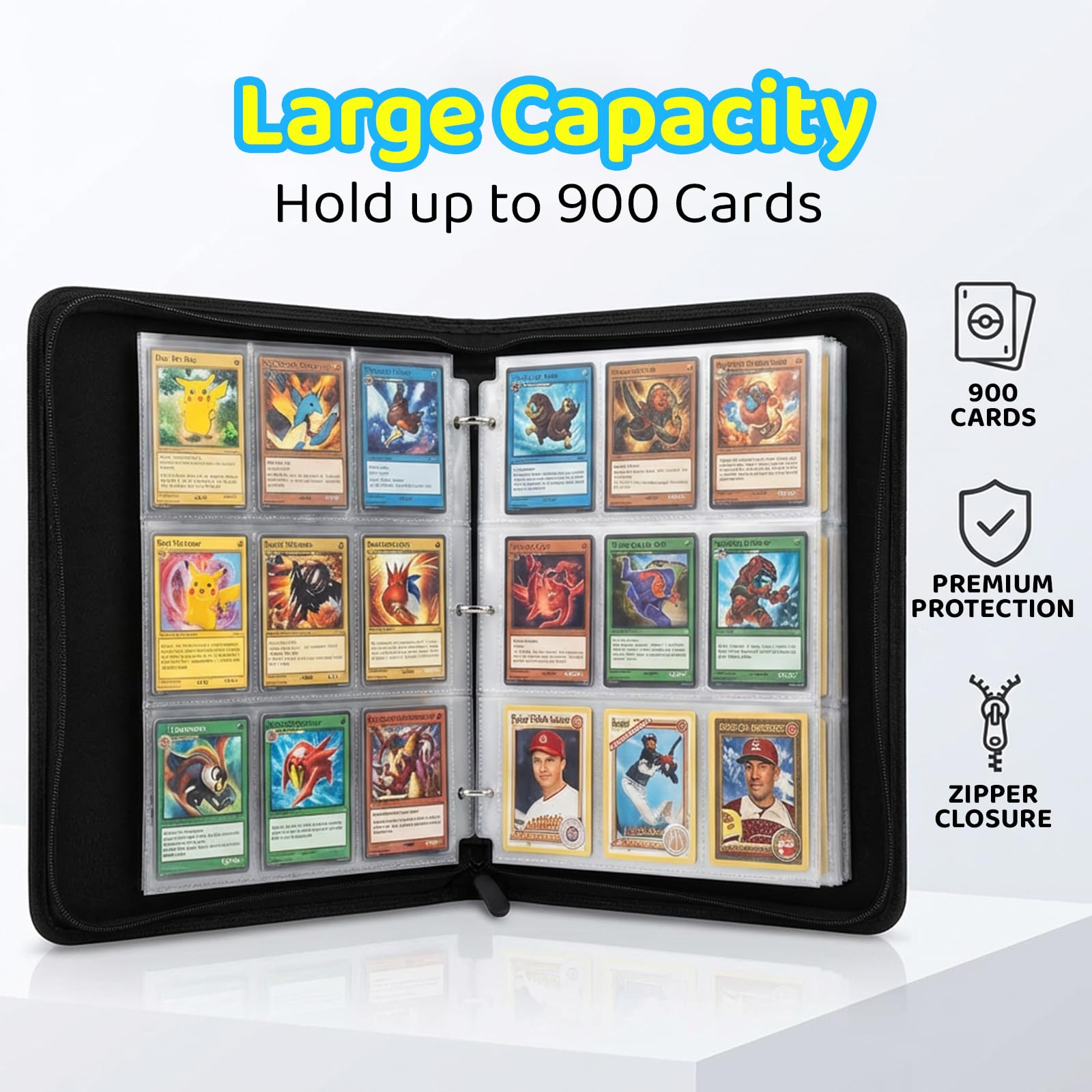 Zipper Cards Binder for 900-Pocket Baseball Trading Cards, Premium Collectible Cards Book Album With Removable Sleeves for MTG, TCG & Sports Cards