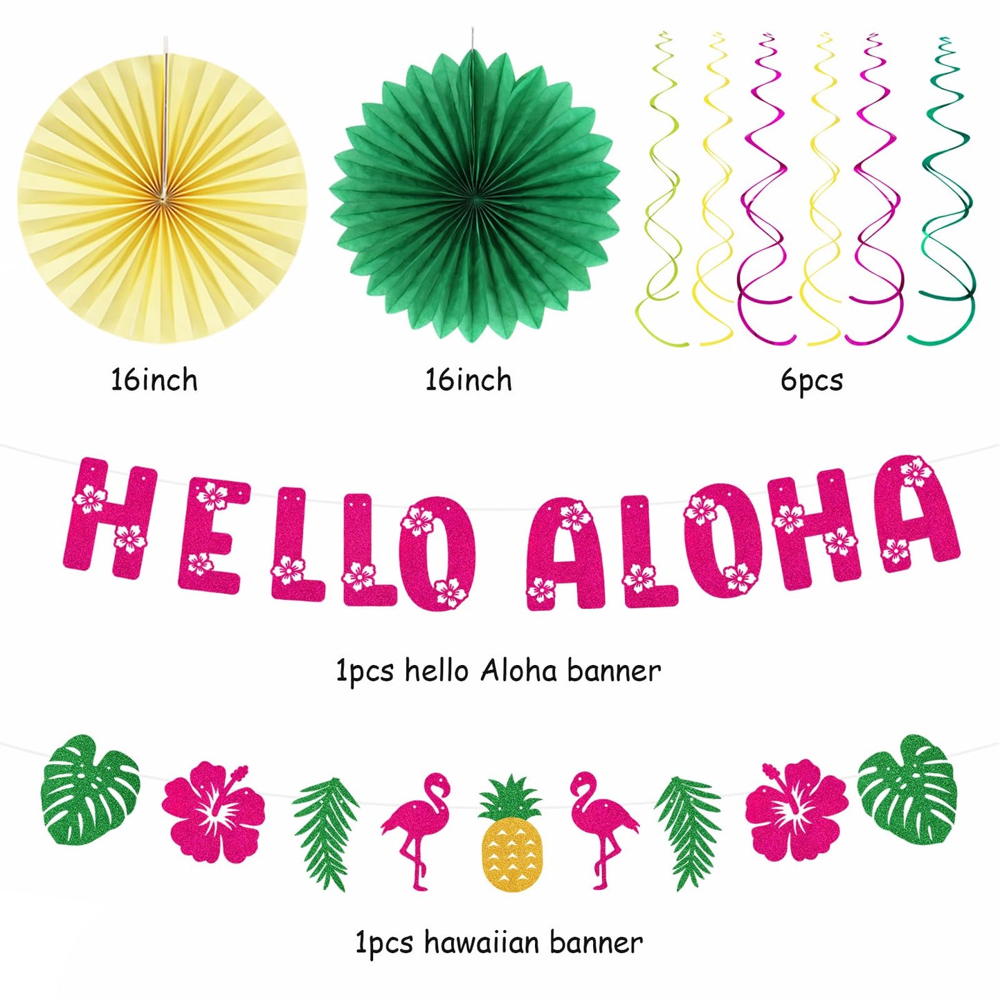 Hawaiian Aloha-Luau Flamingo Party-Decorations Supplies - 21pcs Hello Banner,Pool Paper Lanterns Honeycomb,Beach Theme Streamers Garland,Tissue Pom