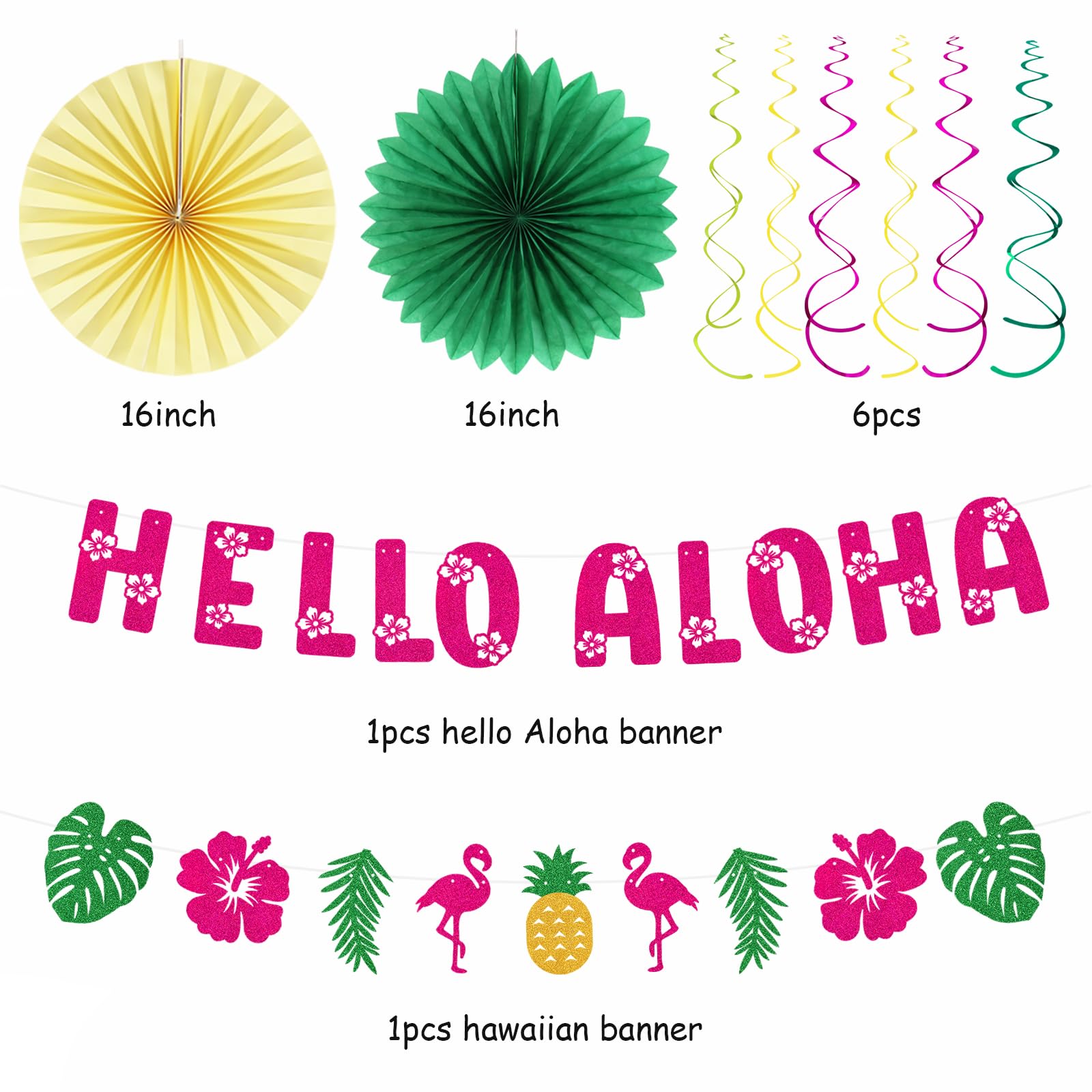 Hawaiian Aloha-Luau Flamingo Party-Decorations Supplies - 21pcs Hello Banner,Pool Paper Lanterns Honeycomb,Beach Theme Streamers Garland,Tissue Pom