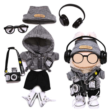 7pcs Outfit for Labubu 17cm Doll Cloth Set LBB Clothing and Accessories Hoodie Pants Shoes Hat Glasses Camera Headphone (No Doll)
