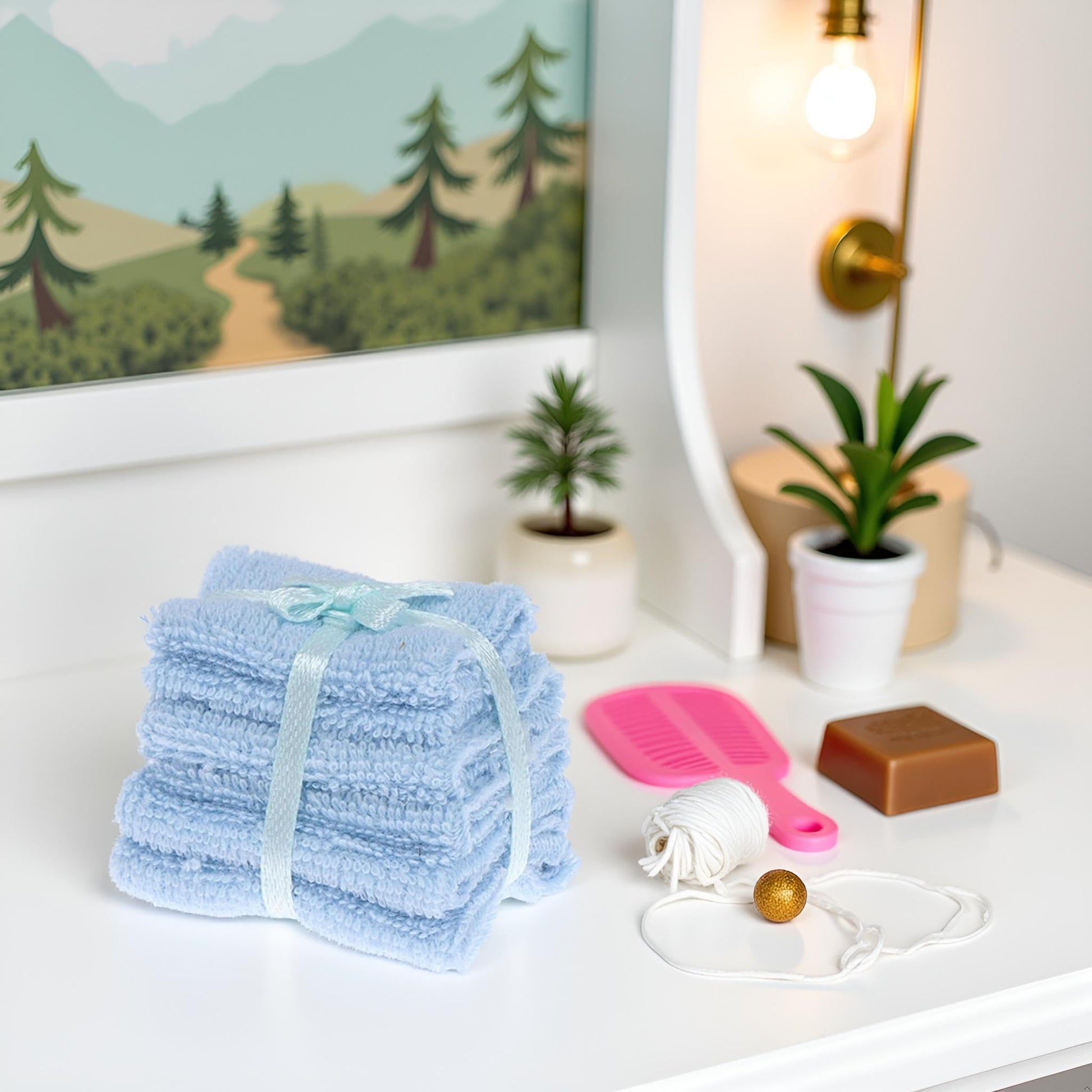 Blue 1/12 Miniature Bathroom Towels Dollhouse Decoration Accessories, DIY Micro Landscaping Decor
