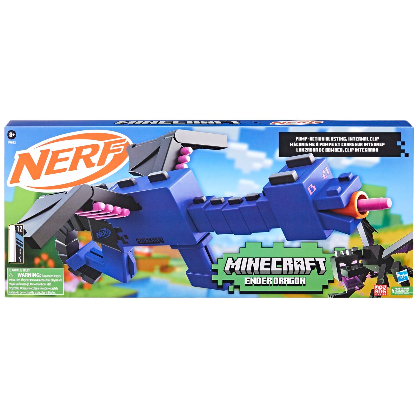 Nerf Minecraft Ender Dragon Blaster, 4-Dart Internal Clip, 12 Elite Foam Darts, Design Inspired by Minecraft Mob in The Game