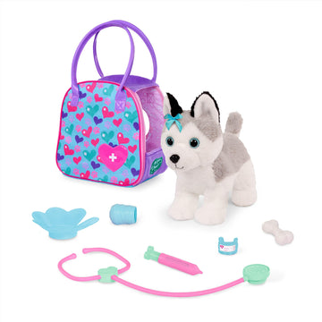 Pucci Pals Plush Husky Vet Care Carrier Playset, Stuffed Dog Set, Pet