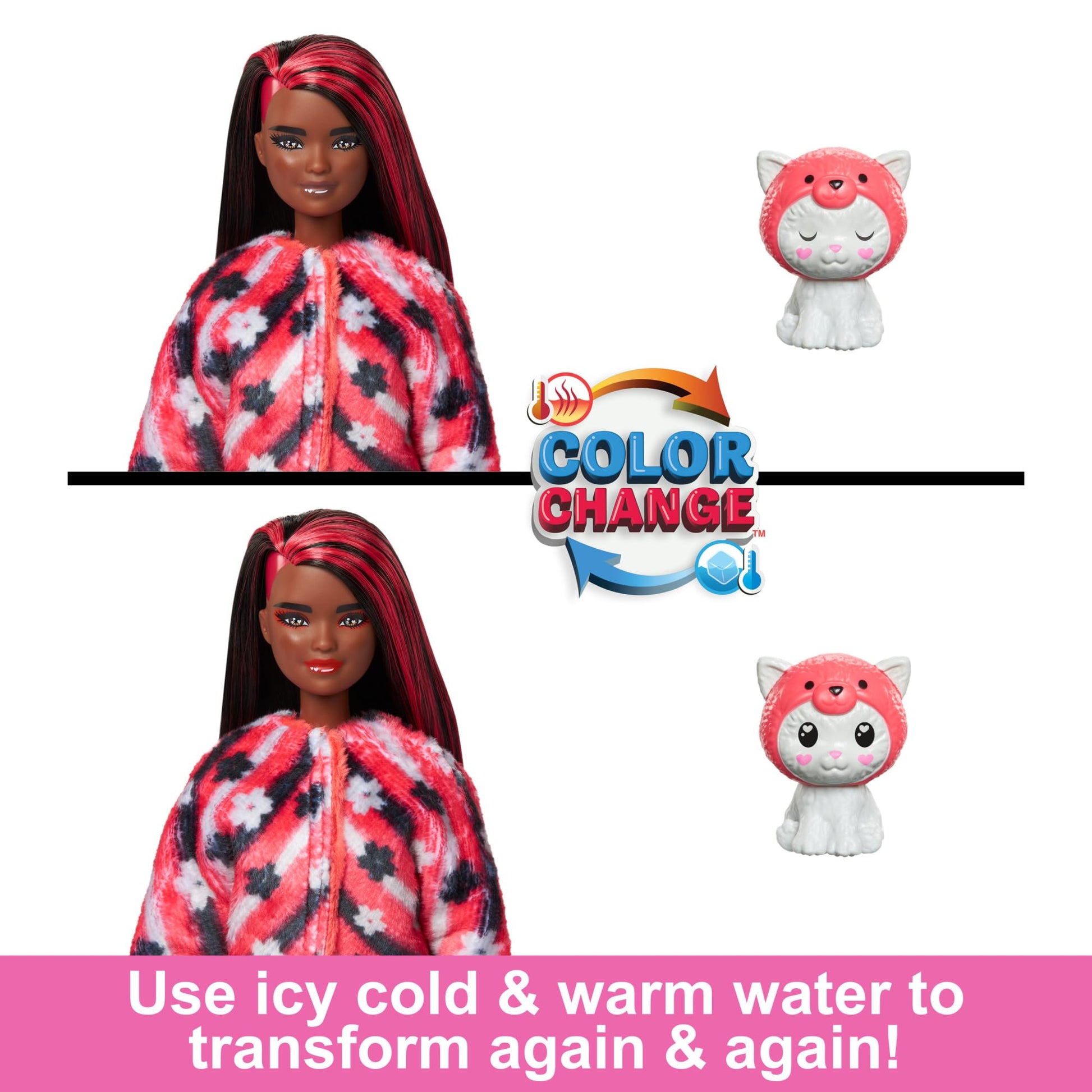 Barbie Cutie Reveal Doll & Accessories with Animal Costume & 10 Surprises Including Color Change, Kitten as Red Panda in Costume-Themed Series