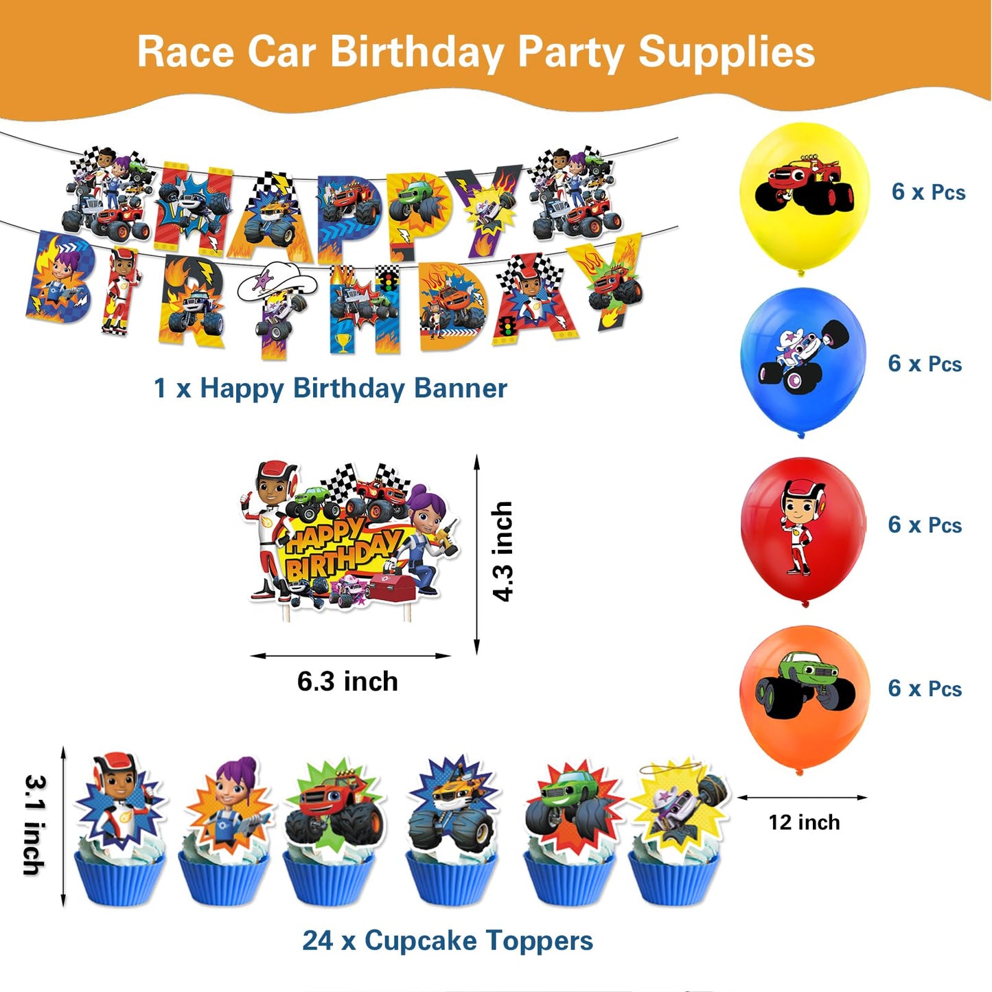 121 Pcs Monster Truck Birthday Party Supplies,Included Banner,Backdrop,Tablecloth,Plates,Balloon,Racing Car Tableware Set for Boy Truck Party