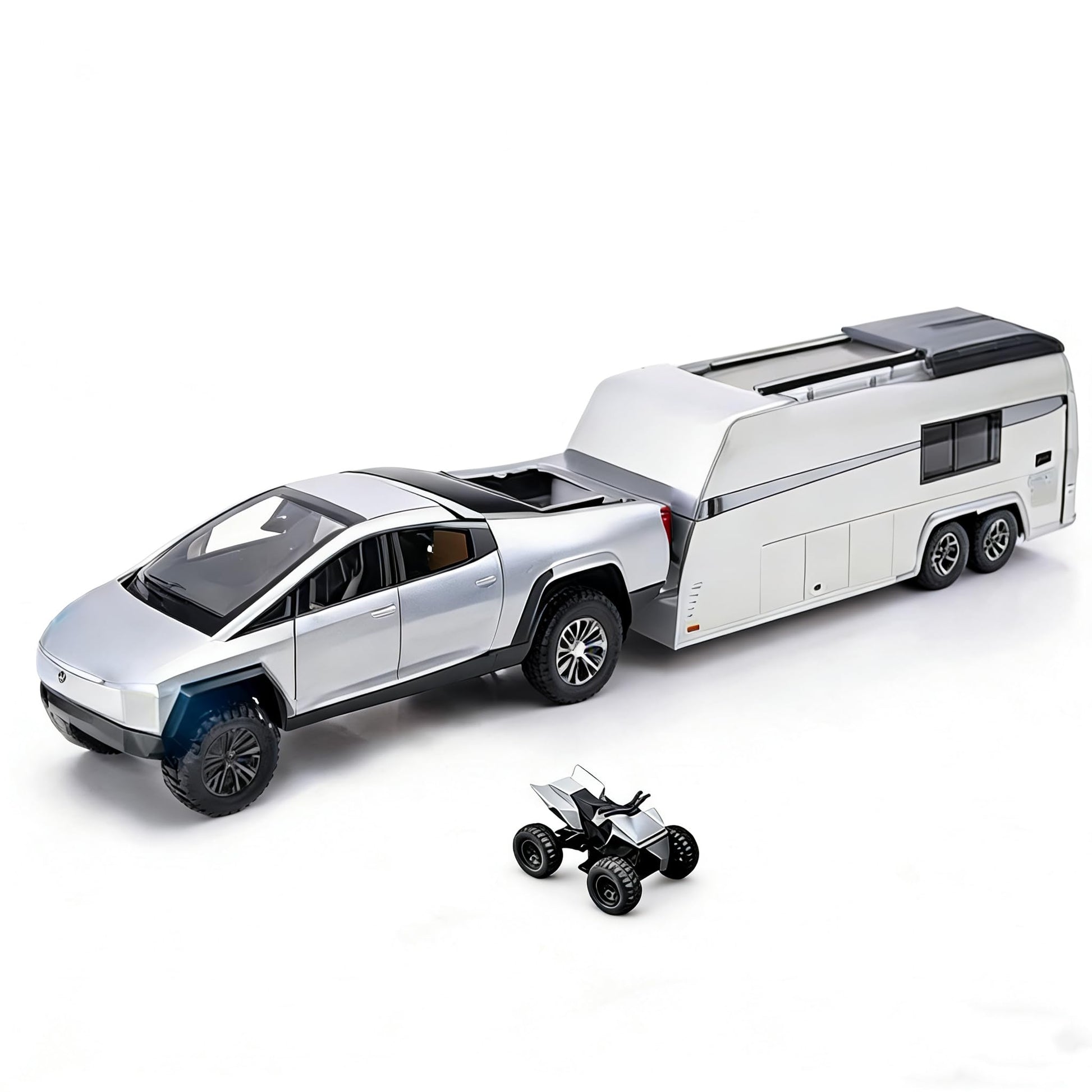 RCOOS Toy Car Alloy Truck Set with Trailer and Motorcycle Cyberpickup Toy with Sound and Light Effect Pull Back Vehicle RV Toy EV Model Ideal Gift