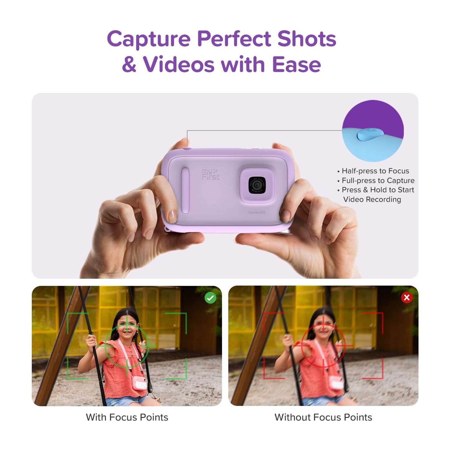 myFirst Camera 50 AI Camera for Kids, 20MP Dual Lens, 1080P Video, Kids Digital Camera with Selfie Light, AI Editor, Safe Sharing, Video Diary, 16GB