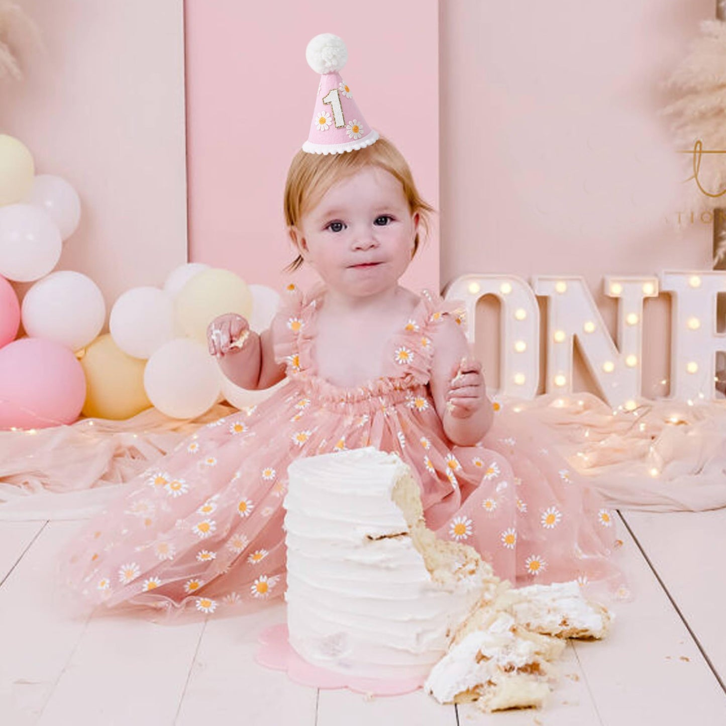 LINGANA First Birthday Hat - Baby Party Decor, Outfit Girl Boy Photo Booth Props, Cake Smash Backdrop (Pink Daisy)