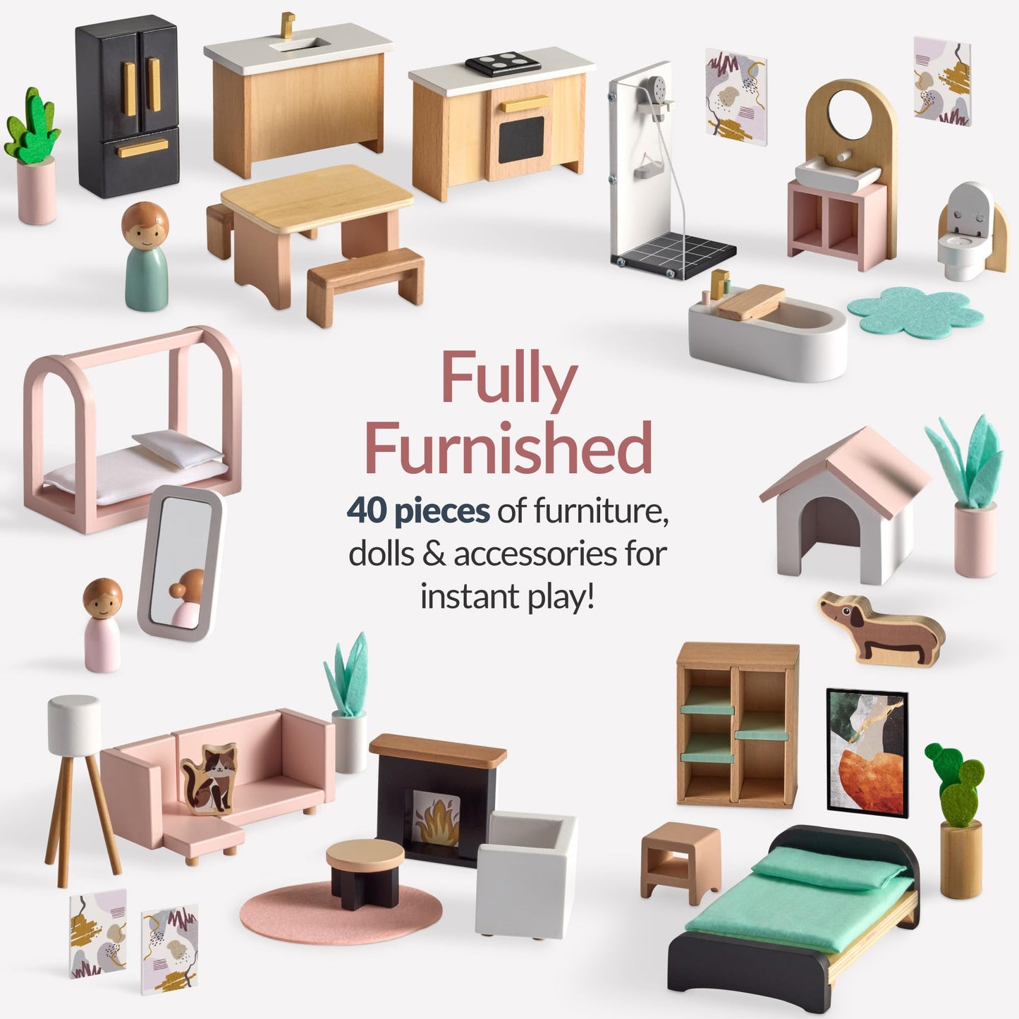 Best Choice Products Modern Wooden Dollhouse for Kids, 3-Story Doll House with 40 Furniture Accessories, Interactive Dollhouse Set with Dolls