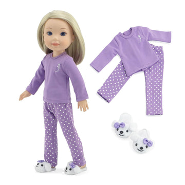 Emily Rose 14 Inch Doll Purple Polka Dot Pajama Set Gift Boxed | USA Brand 3-Piece Sleeping Outfit with Fluffy Puppy Slippers | Encourages Creative