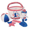 Genius Baby Toys My First 4th of July Baby Toy, Patriotic Plush Sand Bucket with 4 Sensory Toys - Teddy Bear, Shovel, Beach Ball & Sea Star, Summer