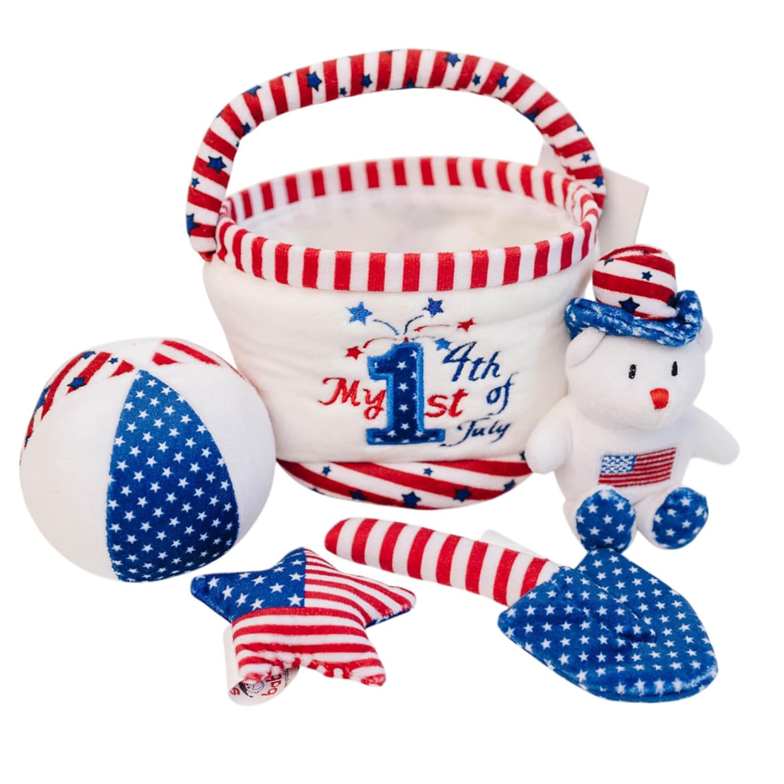 Genius Baby Toys My First 4th of July Baby Toy, Patriotic Plush Sand Bucket with 4 Sensory Toys - Teddy Bear, Shovel, Beach Ball & Sea Star, Summer