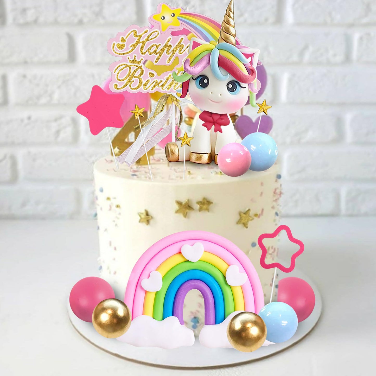 29 PCS Unicorn Cake Topper, Unicorn Rainbow Cake Decorations with Rainbow Stars Unicorn Balls Happy Birthday Cake Decorations for Boys Girls Kids