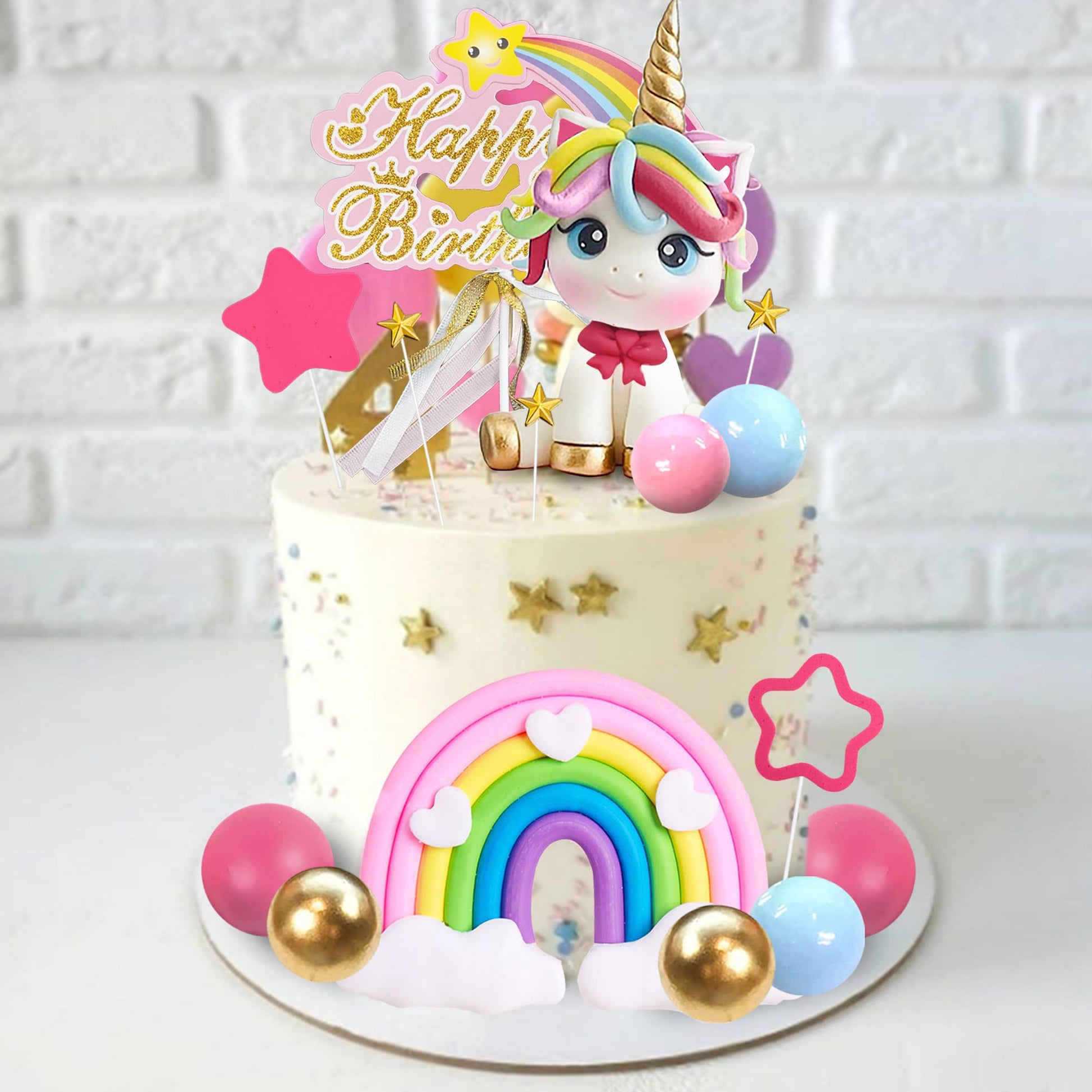 29 PCS Unicorn Cake Topper, Unicorn Rainbow Cake Decorations with Rainbow Stars Unicorn Balls Happy Birthday Cake Decorations for Boys Girls Kids