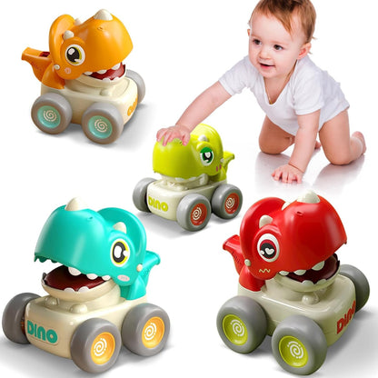 TnLoji Dinosaur Racing Cars for Toddlers 1-3, Baby Press and Go Car Toys, Infant Play Vehicle Set with Whistle, Baby Push Go Friction Car Toys