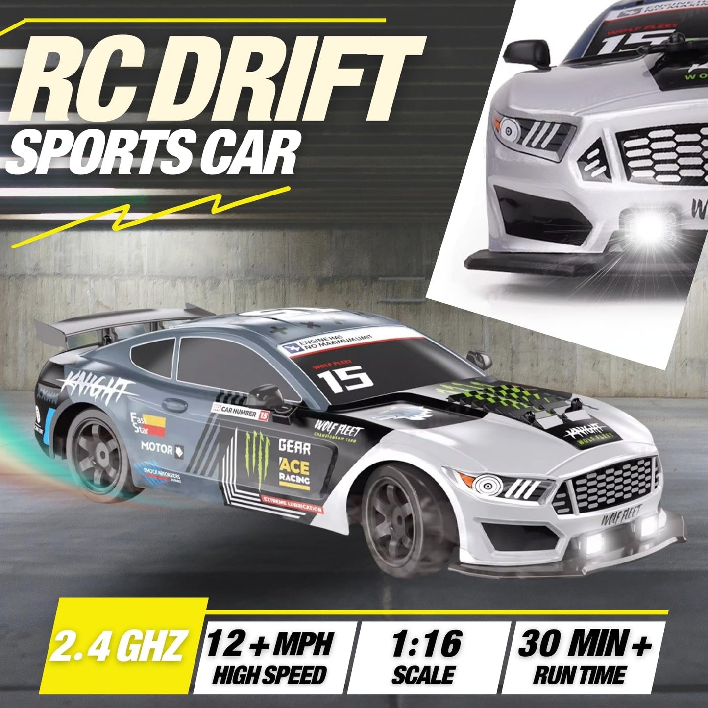 Liberty Imports RC Drift Car 1/16 2.4GHz 4WD Remote Control Sport Racing On-Road Vehicle with LED Light, Batteries and Drift Tires (Silver)