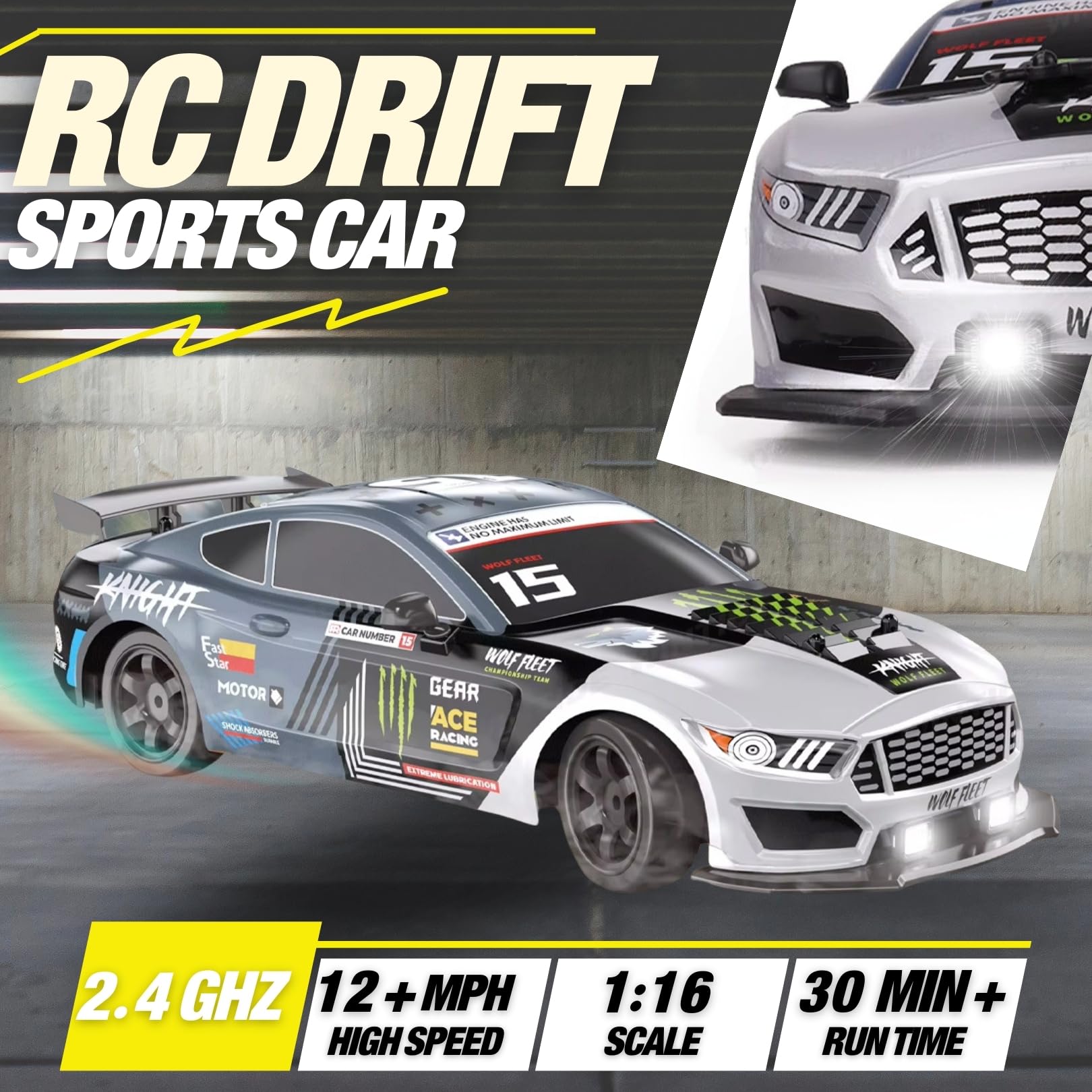 Liberty Imports RC Drift Car 1/16 2.4GHz 4WD Remote Control Sport Racing On-Road Vehicle with LED Light, Batteries and Drift Tires (Silver)