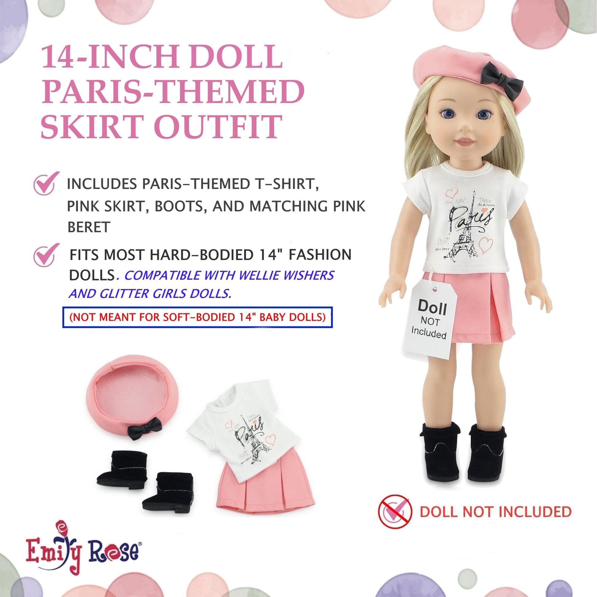 Emily Rose 14" Doll Parisian Outfit 5-PC - Pink Skirt, Paris Tee, Beret & Boots | Glitter Girls and Wellie Wishers Compatible | Gift Boxed | Doll NOT