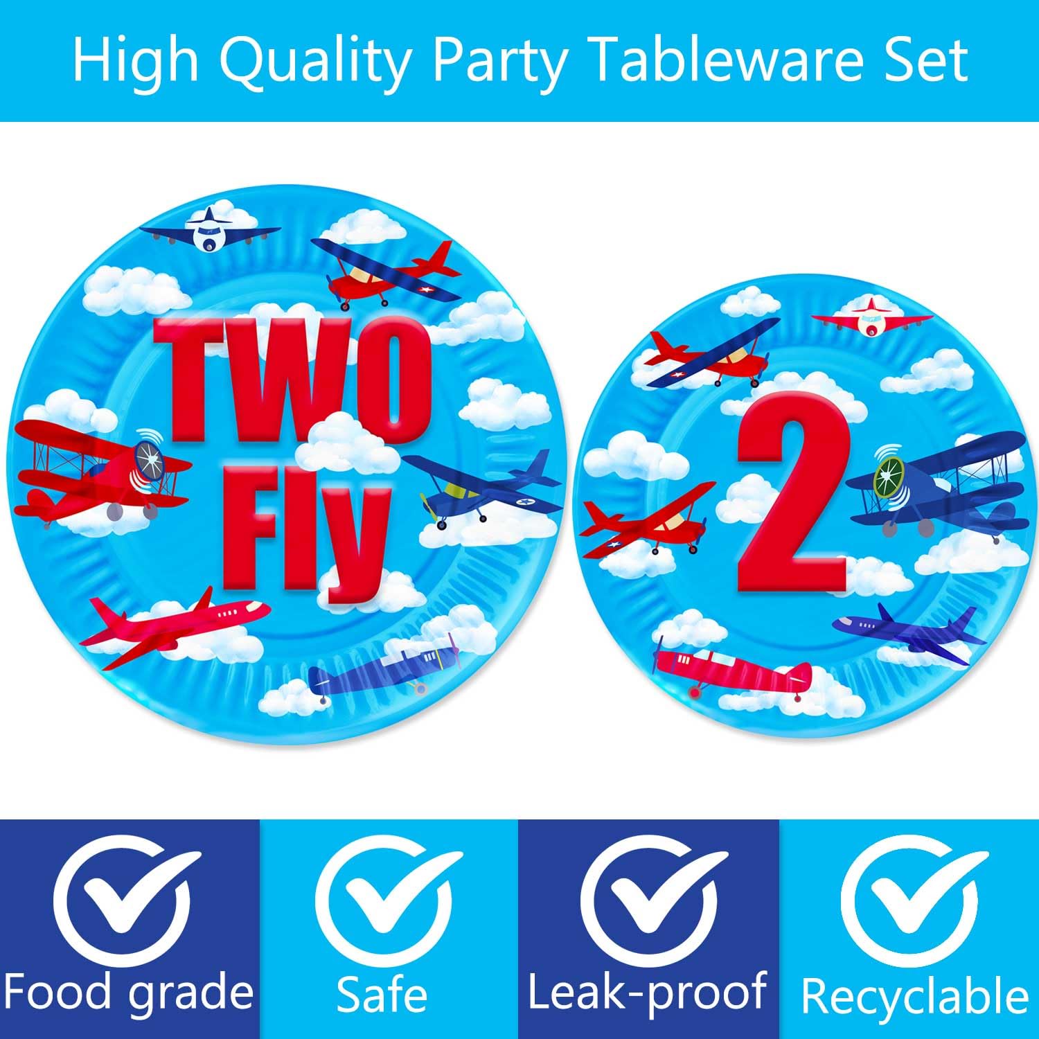 80 Pcs Airplane 2nd Birthday Party Decorations Two Fly Disposable Paper Dinner Plates Napkins Forks Dinnerware for Aviation Theme Boys 2nd Birthday