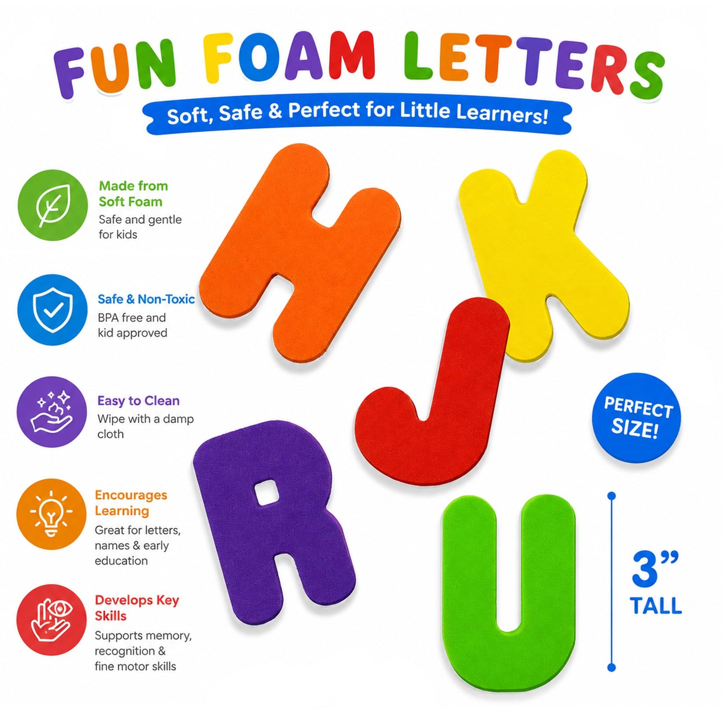 BabyBibi 36 PCS Stick-On Foam Letters & Numbers - Non-Toxic, BPA Free, No Mold Tub Toys - Colorful, Educational, Fun ABC Learning for Toddlers