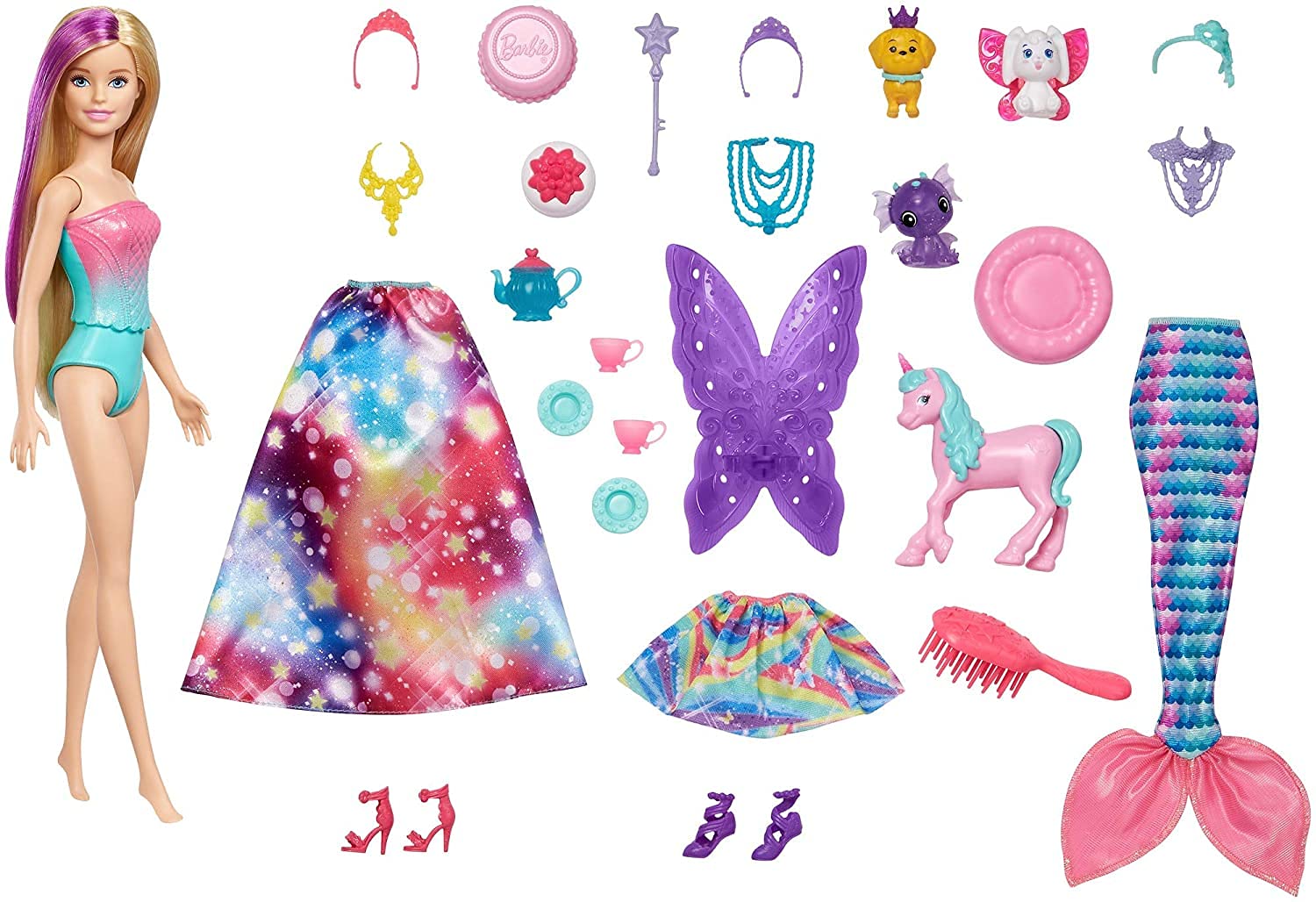 Barbie Dreamtopia Advent Calendar: Blonde Doll, 3 Fairytale Doll Fashions, 10 Accessories and 10 Storytelling Pieces Including 3 Pets, for 3 to 7