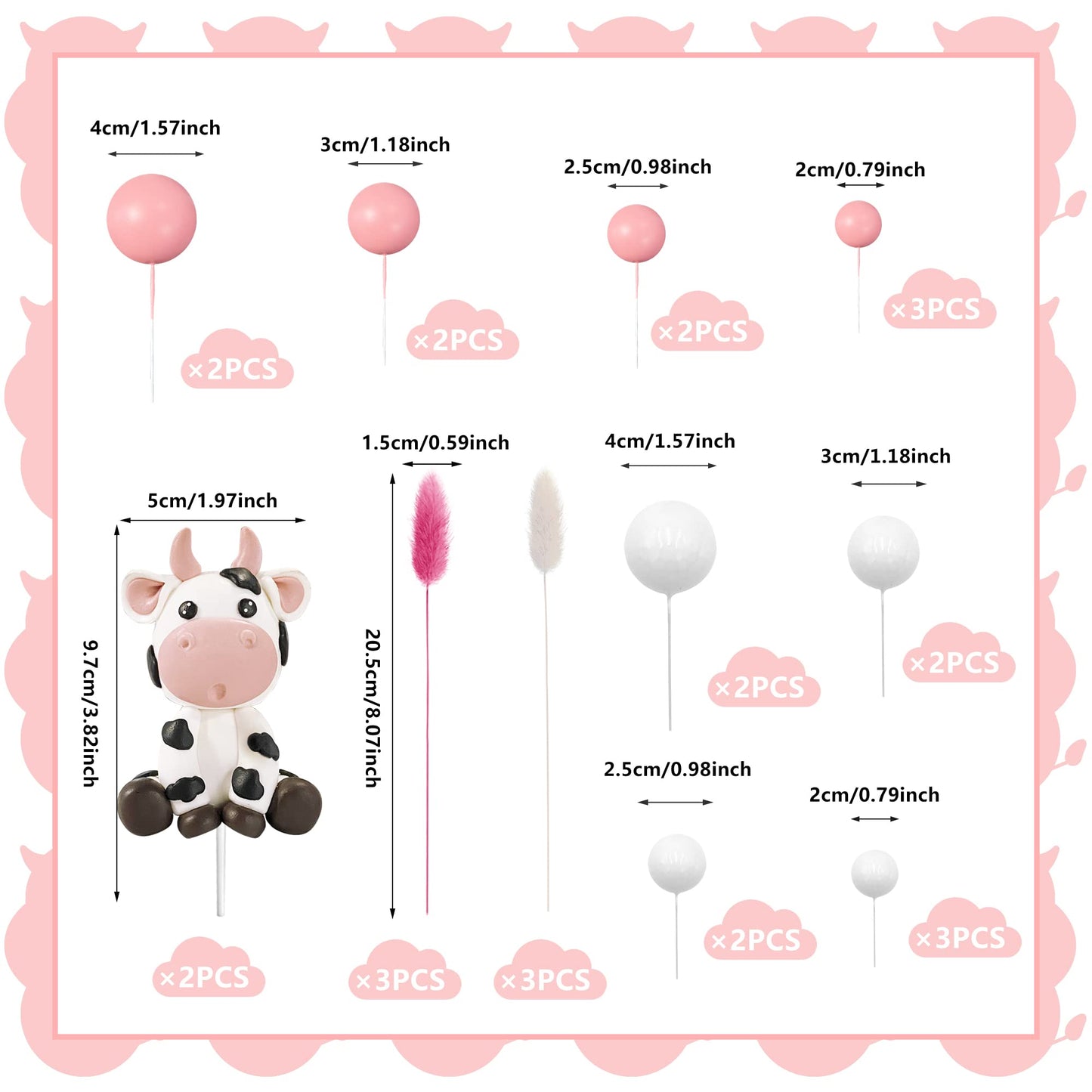 KEEPARTY Cow & Ball Cake Toppers, 26pcs, Farm Animal Themed, Clay, Pink and White, for Baby Shower, Birthday, Girls and Boys Party Supplies