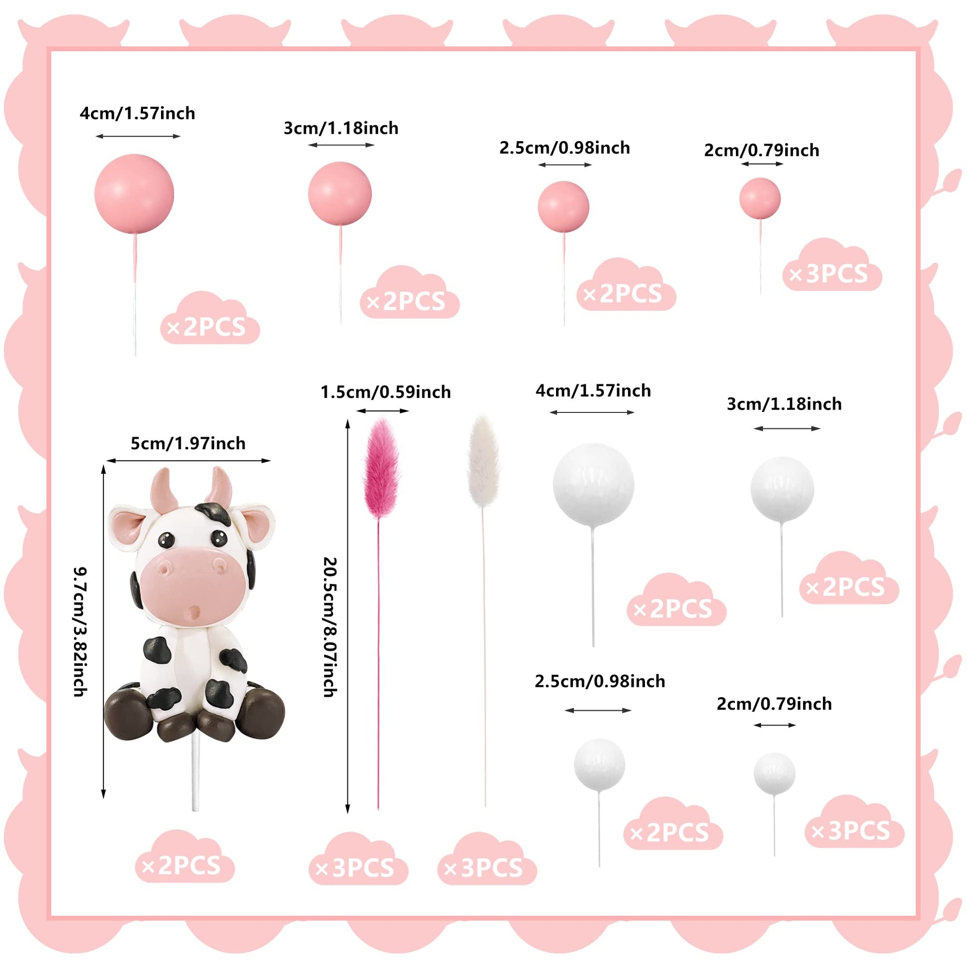 KEEPARTY Cow & Ball Cake Toppers, 26pcs, Farm Animal Themed, Clay, Pink and White, for Baby Shower, Birthday, Girls and Boys Party Supplies