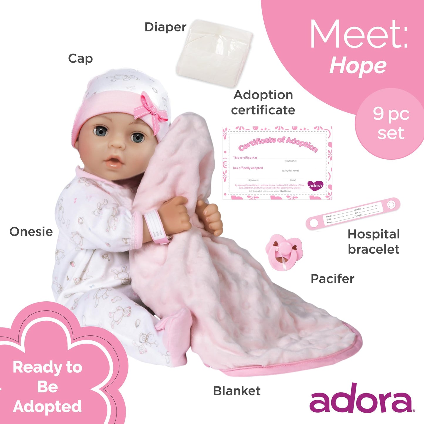 Adora 16 Inch Girl Baby Doll with Accessories Pink Matching 9-Piece Set Including a Pacifier, Hospital, Bracelet, Diaper, and More Gift for Toddlers