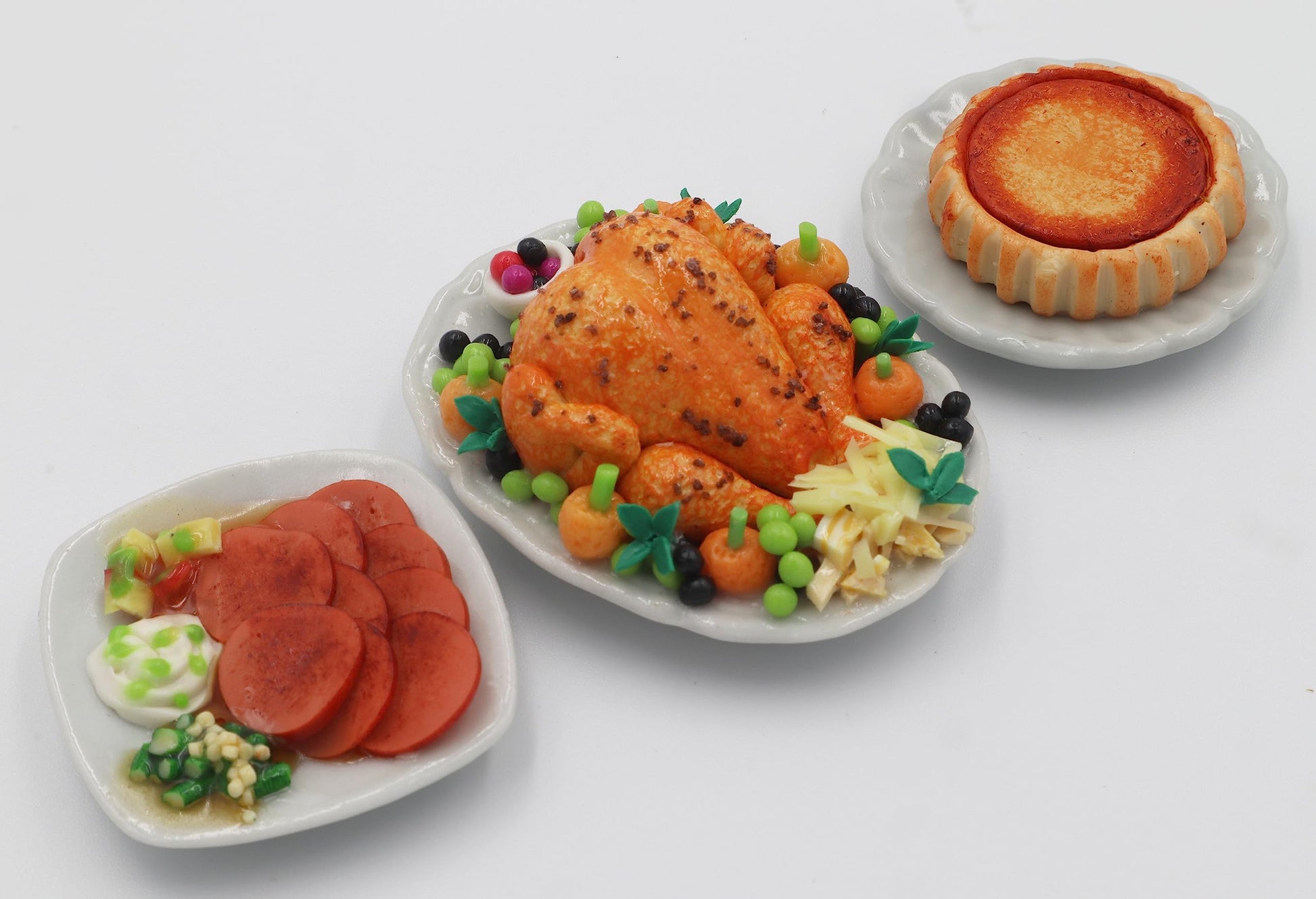 Set 3 Dollhouse Miniatures Thanksgiving Day Dinner Turkey with Pumpkin Pie Food Supply Handcrafted,Tiny Food