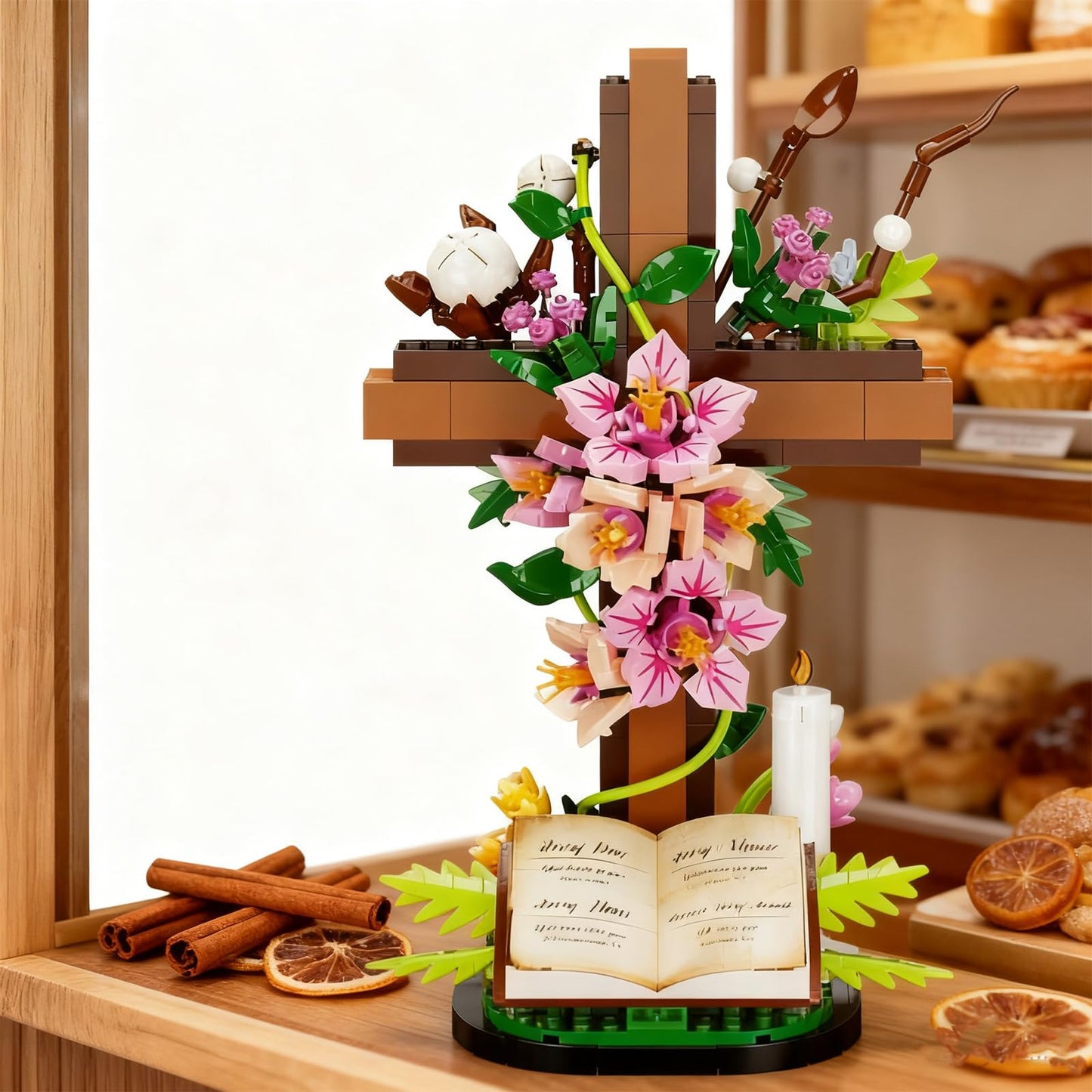 SHAIMIOU The Cross Flower Building Block Set,Faithful Blossoms DIY Plastic Bricks Religious Easter Resurrection Home Decor for Believer Adult