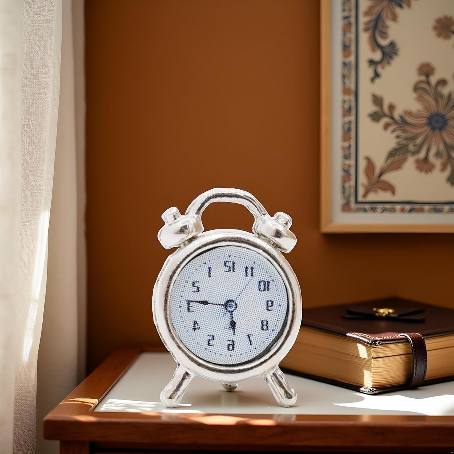 1/12 Scale Miniature Alarm Clock - Silver Tiny Dollhouse Decor for Realistic Model Displays, Diorama Props and Mini Collectible Room Accessories