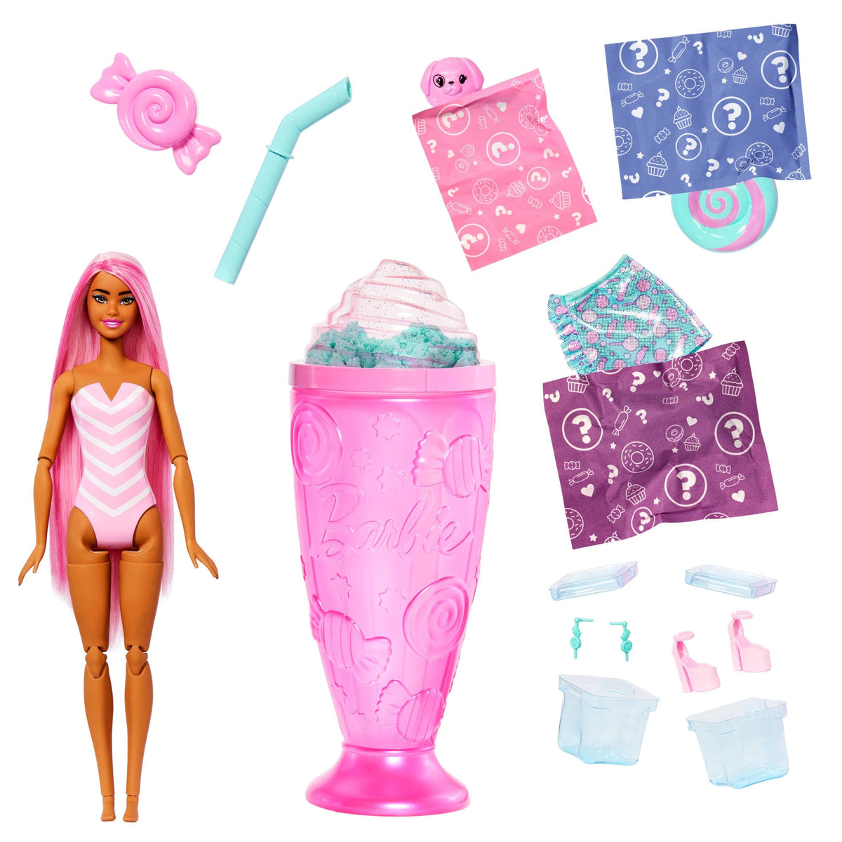 Barbie Pop Reveal Series Fashion Doll & Accessories Set, Treat Series, Sweet Swirl Theme with Pet, 8 Surprises Include Color Change