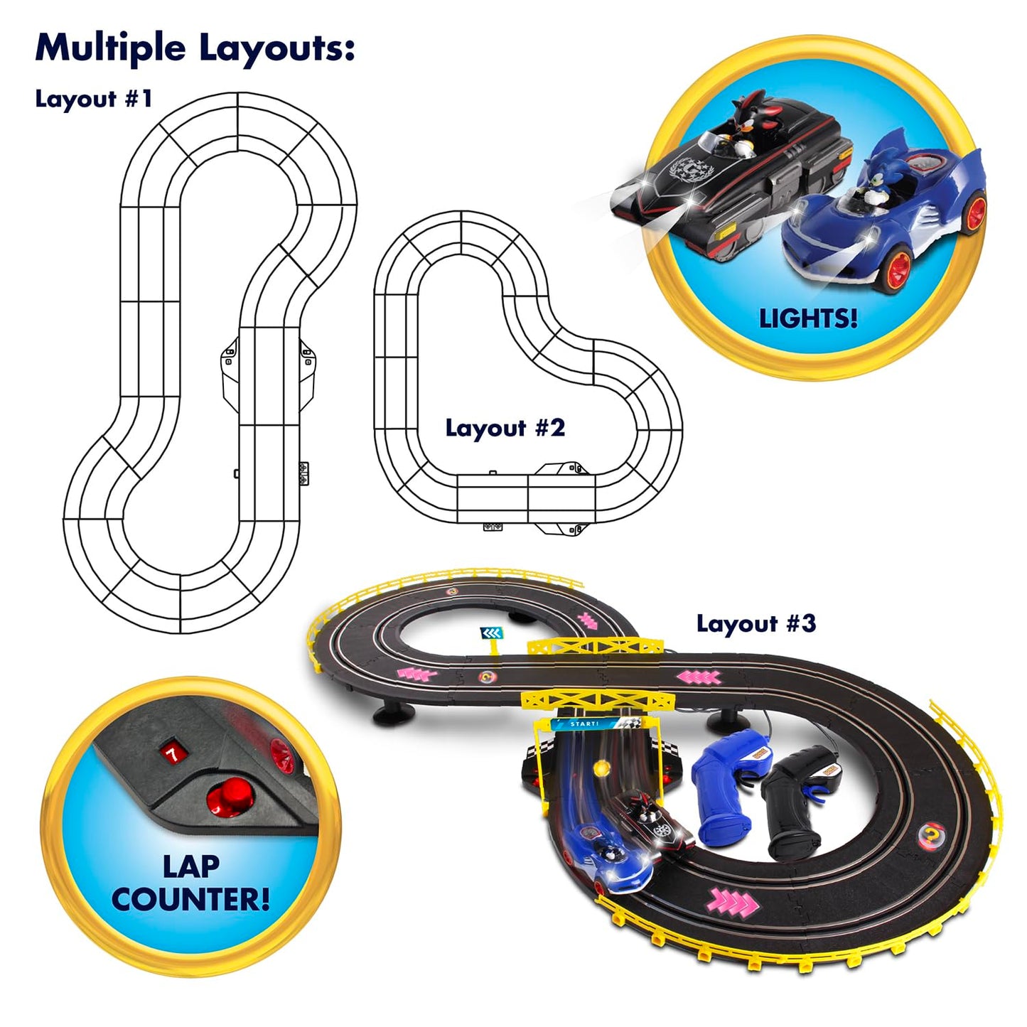 NKOK Sonic and Shadow Race Track Set with Working Lights, Lap Counter, Figure-8 Slot Car Track, Brown Box Packaging