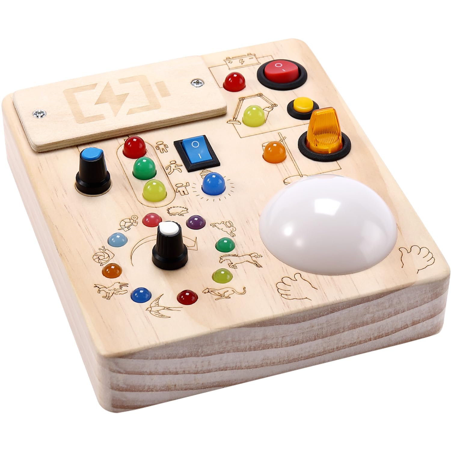 Toddler Busy Board ,Montessori Toy with Tap Light ,6.9"x5.9" Wooden Busy Board with LED Traffic Light for Kids , Travel Sensory Toys for 1+ Year Old