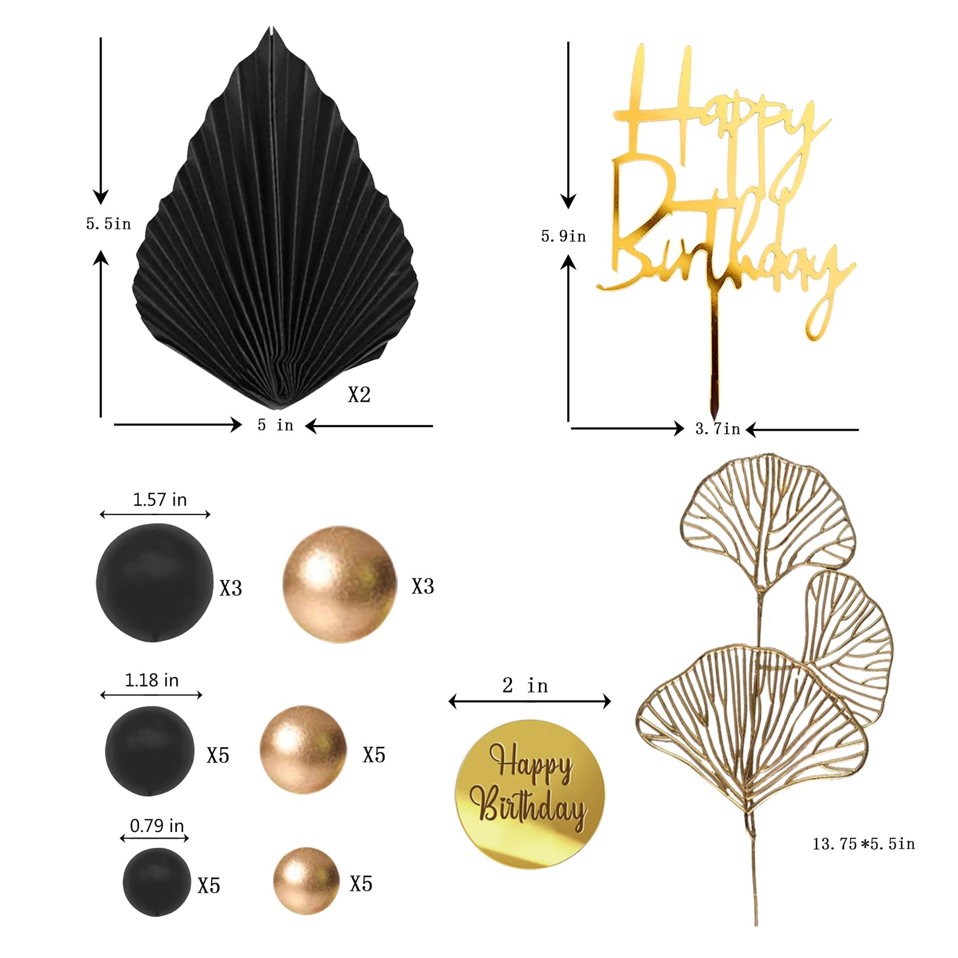 Happy Birthday Cake Topper Black Gold Ball Cake Decorations