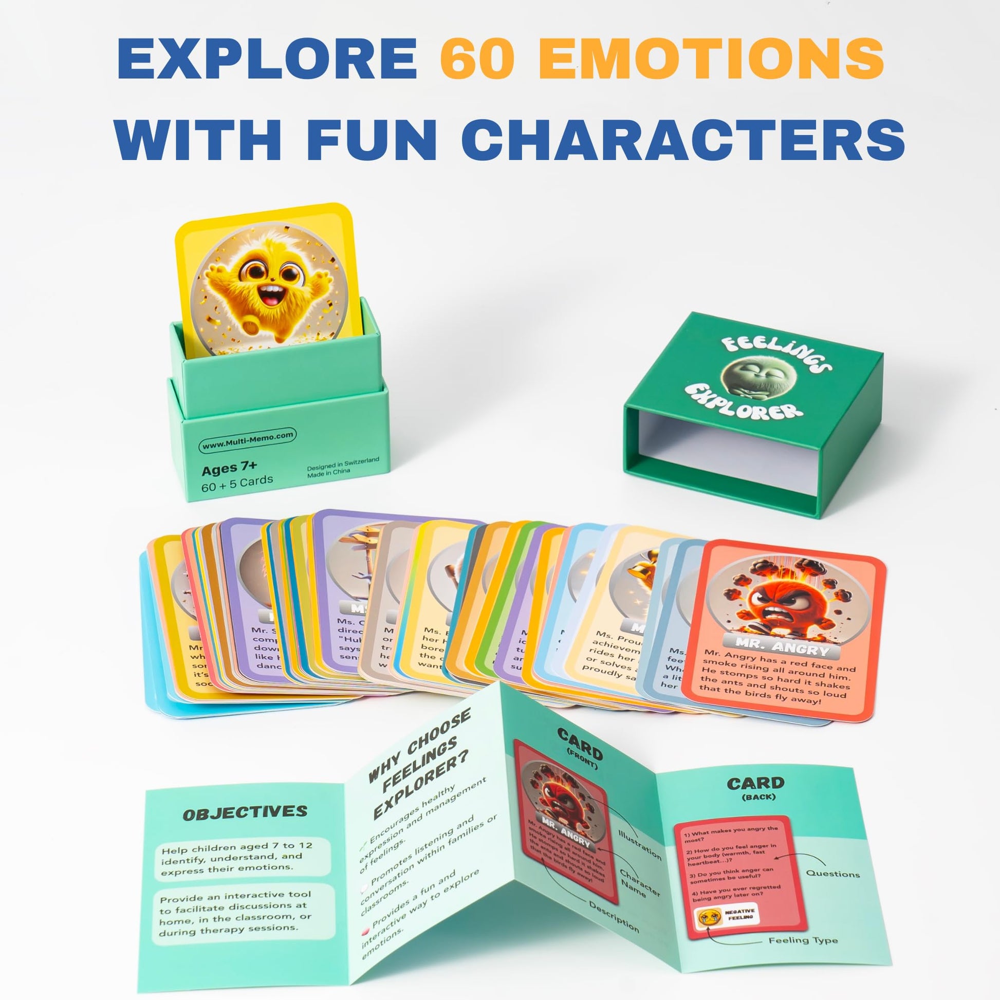 Feelings Explorer - 60 Emotion Cards for Kids Ages 7+ | Social Emotional Learning Game with Questions & Activities | SEL Tool for Parents, Teachers