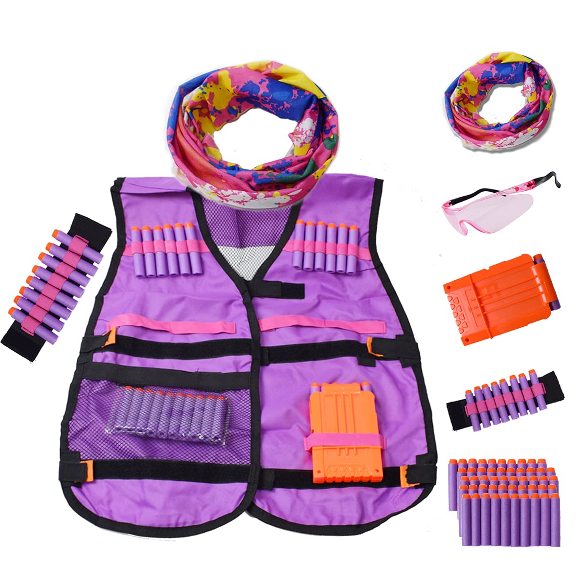 KAREZONINE Kids Tactical Vest Kit for Nerf Guns Tactical Jacket Kit for N-Strike Elite Series with 50 Refill Darts Bullets Reload Clips Wrist Band