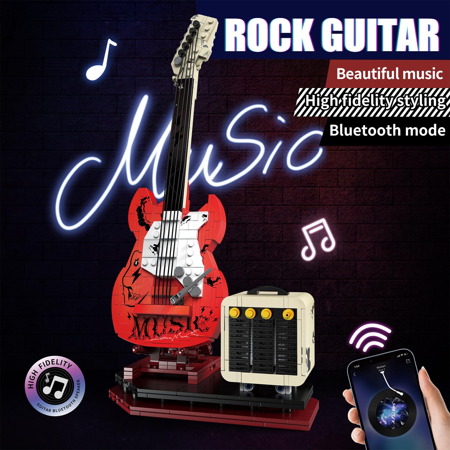 XYDongtong Guitar Music Interactive Building Set for Music Lovers, DIY Guitar Model Toy Compatible with Lego?Reverb Amplifier & Authentic Accessories