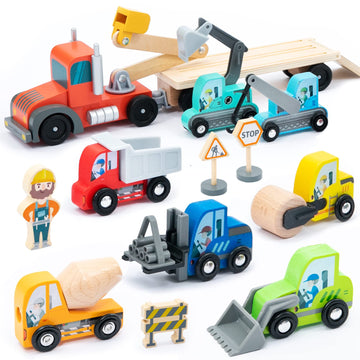 umu Construction Toy Cars 14 PCS Wooden Kids Mini Vehicles for Toddlers, Compatible to Thomas Train Toys Railway and Major Brands, Best for 3 to 5