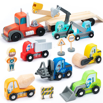 umu Construction Toy Cars 14 PCS Wooden Kids Mini Vehicles for Toddlers, Compatible to Thomas Train Toys Railway and Major Brands, Best for 3 to 5