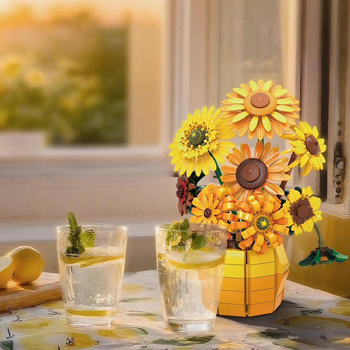 PLAYBRIX Sunflower Building Set Flowers with Vase for Adult, Compatible with Lego Flowers, 1009pcs Art Bonsai Botanical Collection for Home/Office
