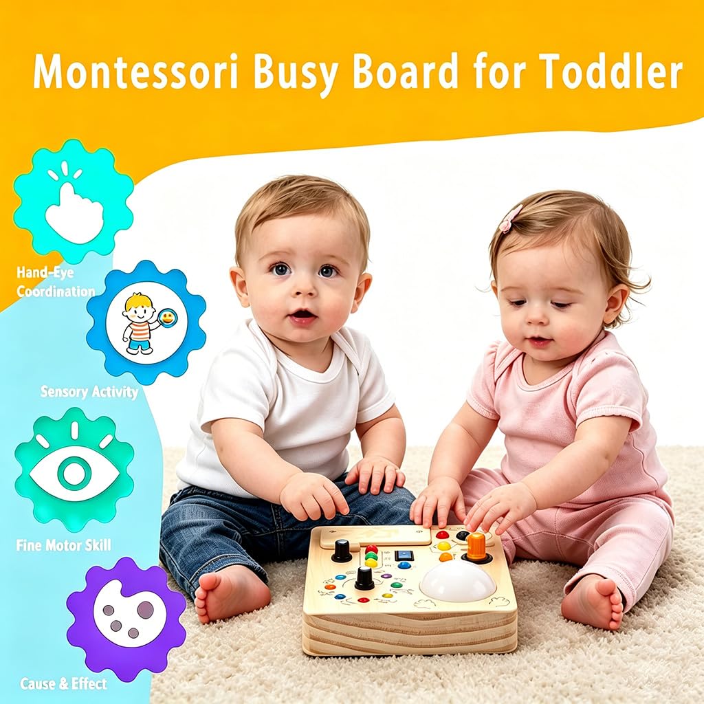 IRUPEN Montessori Busy Board for Toddlers 1-3 Year Old, Sensory Activity Toys for Baby Aged 1 2 3 Years Old with LED Light Switches, Wooden Travel