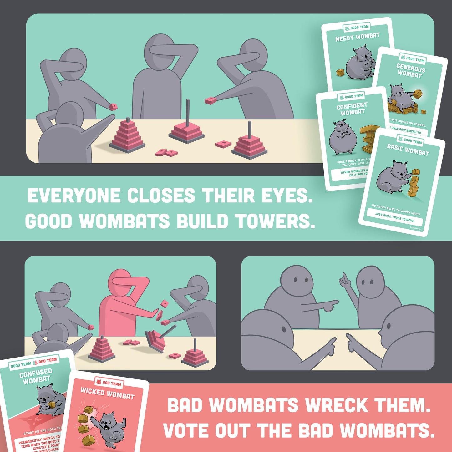 Exploding Kittens Hand to Hand Wombat 3-6 Players - Ages 7+ - 15 Minutes to Play - A Game of Teamwork and Trouble-Makers - Party Game, Family Game
