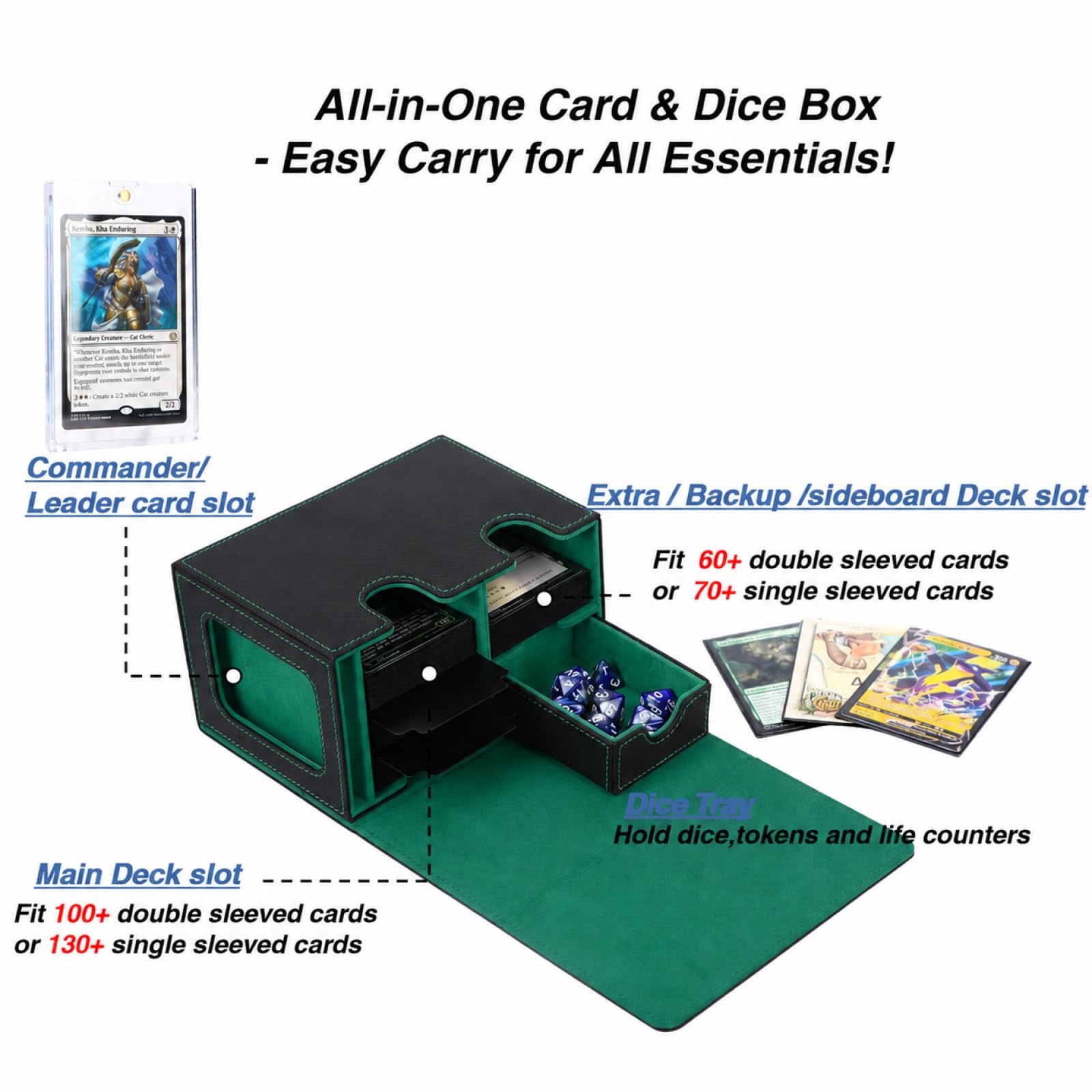 Venssu MTG Deck Box for Commander Display with dice tray,Card Deck Box Fits 160 Double Sleeved /200 Single Sleeved trading Cards, Deck Box TCG with 2